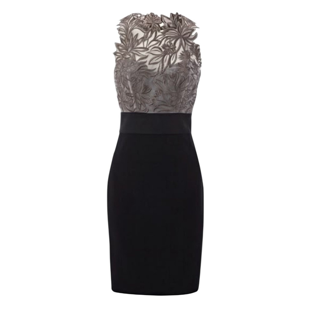 Karen Millen DL232 Silk Embroidered Lace Bodice Sheath Dress Black Taupe US 12 - Picture 1 of 9